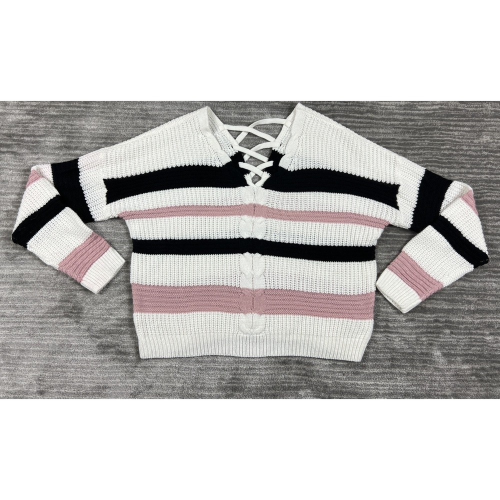 Full Circle Trends Sweater Women XL White Striped J4F0836S Lace Up Back Knit
